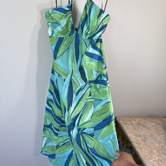 H&M Green Blue Printed Halter V-Neck Midi Dress Size M A-line Spring Summer New - Picture 4 of 9